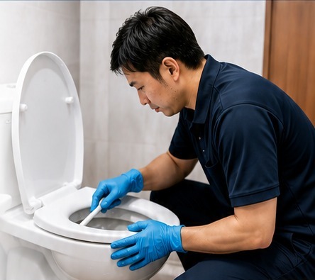 トイレを清掃するスタッフ